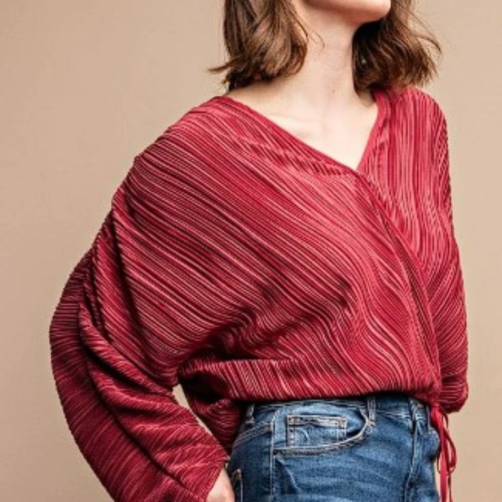Satin Pleated Drawstring Top With Snap Button